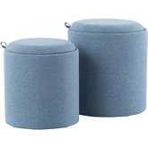 Tray Nesting Ottoman Set in Blue Fabric & Natural Wood